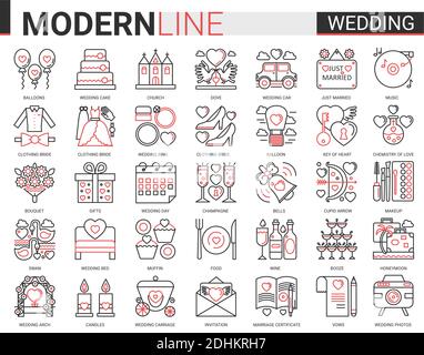 Hochzeit Komplex rot schwarz Linie Symbol Vektor Illustration Set. Gliederung Symbole Hochzeitszeremonie und Brautparty Organisation, lineare Sammlung von Braut Kleidung, Schmuck Ringe, Kuchen Ballon Blumen Stock Vektor