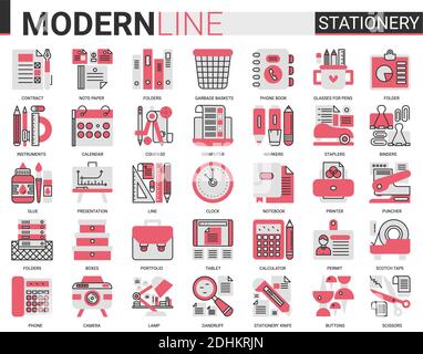 Schreibwaren rot schwarz Komplex flache Linie Symbol Vektor Illustration Set. Schule Geschäft Büro liefert Symbole Sammlung mit Stift Bleistift Schere Ordner Kleber Rechner Kalender Notizbuch Buch Ordner. Stock Vektor