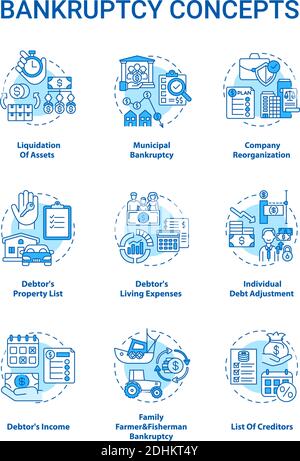 Insolvenz blau Konzept Symbole gesetzt Stock Vektor