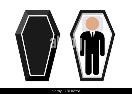 Offener Sarg mit toter Leiche. Beerdigung nach dem Tod. Cadever liegt im schwarzen Sarg. Vektorgrafik Stockfoto