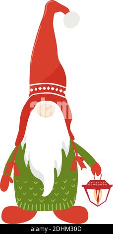 Niedliche weihnachten Gnome in roten Hut mit kleinen Laterne in der Hand, Vektor-Illustration. Stock Vektor