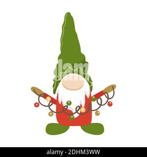 Niedlicher weihnachtsknome mit Girlande in der Hand. Vektorgrafik. Stock Vektor