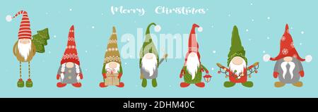Weihnachts-Gnome-Set, Winter Urlaub Grußkarte, Vektor-Illustration. Stock Vektor