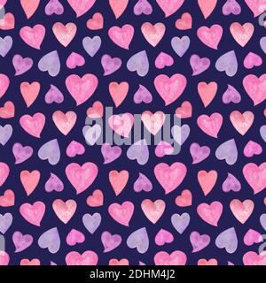 Herzen in verschiedenen Größen wiederholen Muster, Aquarell Illustration Symbol der Liebe einfaches Ornament für St. Valentinstag Feiertag Feiern, Textil, BA Stockfoto