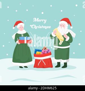 Herr und Frau Santa Clause die Geschenke in den Sack des Weihnachtsmanns. Flache Cartoon Charakter Vektor Illustration. Stock Vektor