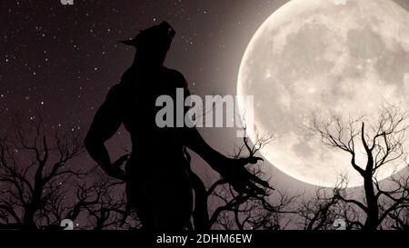 Illustration eines Werwolf während des Vollmondes im gruseligen Wald - 3d-Rendering Stockfoto