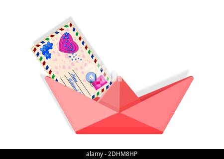 Papierboot mit Liebesbrief isoliert auf weißem Hintergrund. Papier geschnitten oder Handwerk Stil. Valentine Umschlag in Liebe Papier Schiff. Vektorgrafik für Aktien Stock Vektor