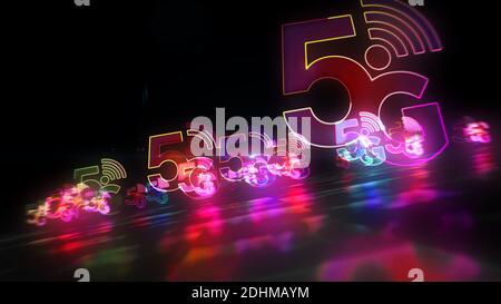 5g mobile Telekommunikation Neon, Kommunikationstechnik, drahtloses Internet und Telefonnetz Licht Icon Konzept. Flug im Hyperraum. Abstraktes 3d Stockfoto