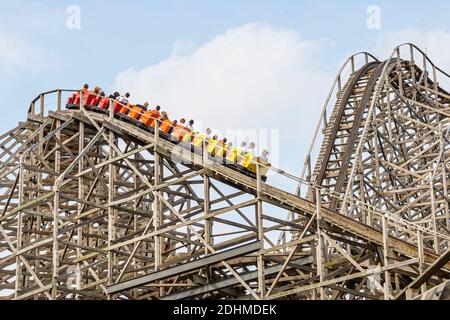 Birmingham Alabama, Splash Adventure, ehemals VisionLand Magic Adventure Theme Park, Achterbahn, traditionelle Holzfahrer, Stockfoto