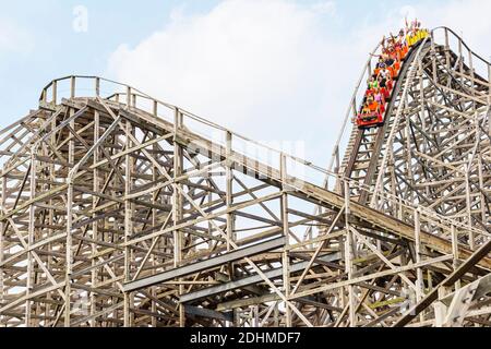 Birmingham Alabama, Splash Adventure, ehemals VisionLand Magic Adventure Theme Park, Achterbahn, traditionelle Holzfahrer, Stockfoto