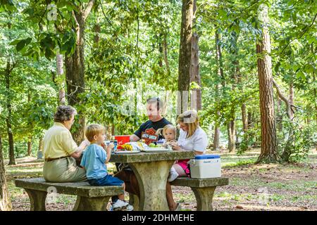 Huntsville Alabama, Monte Sano State Park, Familie Kind Mutter Vater Junge Sohn Baby Picknick Tisch Essen, Wald, Stockfoto