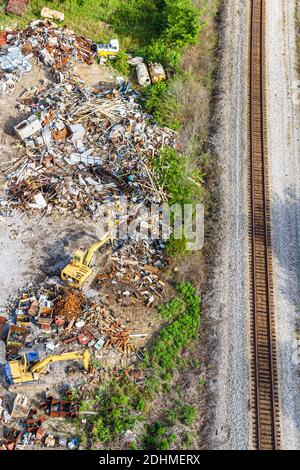 Alabama Decatur Schrottplatz Recycling Abfall Bergung Luftbild, Eisenbahnschienen, Stockfoto