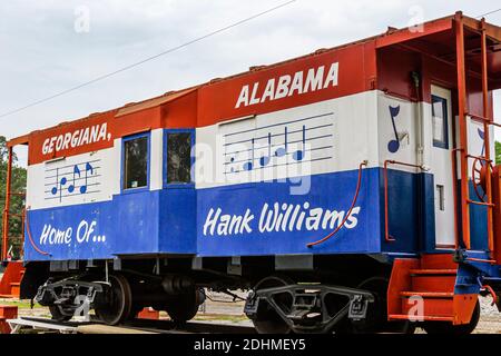 Alabama Georgiana Hank Williams Senior Boyhood Home & Museum, Country-Musik-Singer-Songwriter bemalte Caboose-Plakatwand, Stockfoto