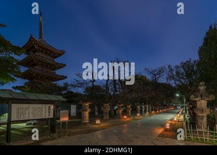 tokio, japan - 10 2020. dezember: Nachtansicht des Pfades, der von Steinlaternen beleuchtet wird und zum Schrein Ueno Tosho-gu entlang der fünfstöckigen Pagode von Kan führt Stockfoto