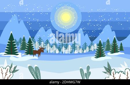 Winterlandschaft mit verschneiten Feldern und Tannen. Hirsch im Winterwald. Stock Vektor