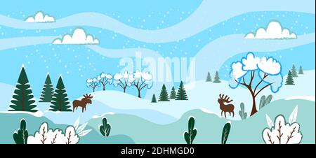 Winterlandschaft mit verschneiten Feldern und Tannen. Weihnachten Hintergrund. Stock Vektor