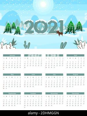 Neujahr Kalender für 2021 mit Wochen beginnen ab Sonntag. Vektorgrafik. Stock Vektor