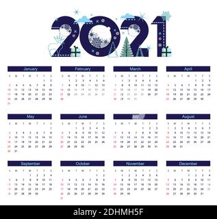 Kalender für 2021. Große Textunterschrift 2021 im flachen Design-Stil mit stilisierten Ikonen von Hirschen, Geschenken und weihnachtskugeln. Stock Vektor