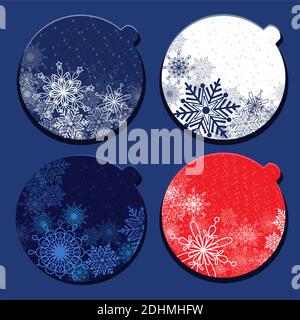 Karte mit Weihnachtskugeln und Schneeflocken. Weihnachtskugeln auf blauem Hintergrund. Stock Vektor