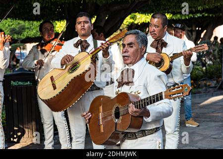 Eine traditionelle mexikanische Mariachi-Band spielt im Jardin in San Miguel de Allende, Guanajuato, Mexiko. Stockfoto