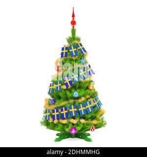 Weihnachtsbaum mit schwedischen Weihnachten Wimpel Fahnen, 3D-Rendering isoliert auf weißem Hintergrund Stockfoto