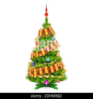 Weihnachtsbaum mit spanischen Weihnachten Wimpelfahnen, 3D-Rendering isoliert auf weißem Hintergrund Stockfoto