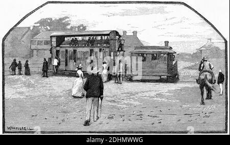 Gravur eines Straßenbahnwagens von Sydney, um 1880 Stockfoto