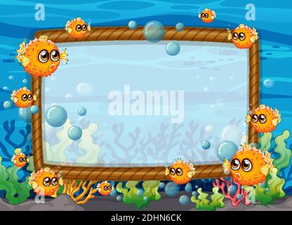 Blank Rahmen Vorlage mit Kugelfisch Fische Cartoon-Charakter in der Unterwasserszenen-Illustration Stock Vektor
