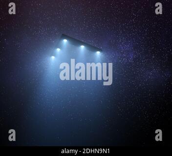 Nicht identifiziertes Flugobjekt bei Nacht mit Nebel und einem Licht darunter. Dreieckiges UFO, 3D-Illustration. Stockfoto