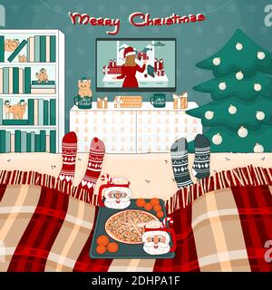 Weihnachtspizza, Kakao mit Marshmallows, Fernseher, Bücherregal, Baum, Bett mit Plaid, Spielzeug, Geschenke sind im Zimmer. Zwei Leute schauen sich Neujahrsfilme an Stock Vektor