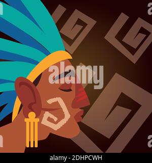 azteken Krieger Charakter Profil in Kopfbedeckung von Federn Vektor-Illustration Stock Vektor