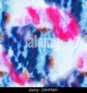 Nahtlose schmutzige Kunst. Helle bunte Farben. Moderne Kunst. Modisches Bindeband-Farbmuster. Zerknittert Papier endlose Textur. Fragment der Grafik. Punkte von oi Stockfoto