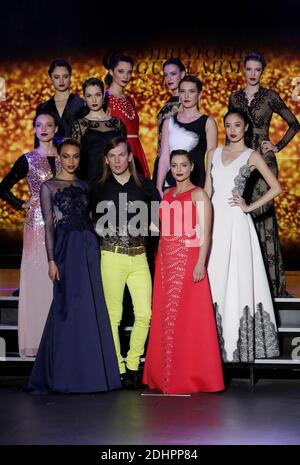 Christophe Guillarme und Priscilla Betti gehen während der Christophe Guillarme Show im Rahmen der Paris Herbst/Winter 2016/2017 Fashion Week am 2. März 2016 in Paris, Frankreich, auf die Piste. Foto von Jerome Domine/ABACAPRESS.COM Stockfoto