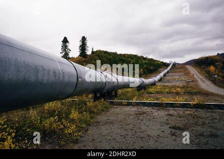 Draufsicht auf die Trans-Alaska-Ölpipeline, wobei die Muster im Metall hervorgehoben werden. Stockfoto