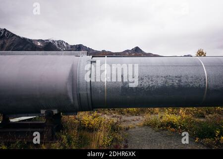 Draufsicht auf die Trans-Alaska-Ölpipeline, wobei die Muster im Metall hervorgehoben werden. Stockfoto