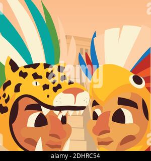 azteken-Charaktere mit Tiger und Papagei Kopfschmuck Cartoon-Vektor-Illustration Stock Vektor