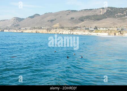 Blick auf die Stadt vom Pier des Pismo Beach in San Luis Obispo County, Kalifornien, berühmt für seine Pismo Clams, Strände und Sanddünen. Stockfoto