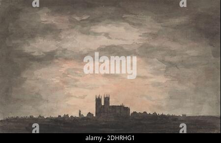 A Large Church (Westminster Abbey) at Sunset, zugeschrieben Charles Gore, 1729–1807, britisch, undatiert, Feder und schwarze Tinte, Aquarell und Graphit auf mäßig dickem, mäßig strukturiertem, grünem, weiß gekleidetem Papier, Blatt: 5 1/2 × 9 Zoll (14 × 22.9 cm), Gebäude, Kathedrale, Stadtbild, Skyline, Sonnenuntergang, City of Westminster, England, Greater London, London, Großbritannien, Westminster Abbey Stockfoto