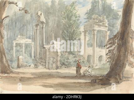 Die Ruinen von Leptis Magna, wie sie im Royal Park in Virginia Water erschienen, Sir George Hayter, 1792–1871, British, 1835, Aquarell und Graphit auf mäßig dickem, leicht strukturiertem, cremefarbenen Wove-Papier, Blatt: 9 × 13 Zoll (22.9 × 33 cm), alt, architektonisches Thema, Architektur, Säulen, Roman, Ruinen, England, Leptis Magna, Libyen, Surrey, Großbritannien, Virginia Water Stockfoto