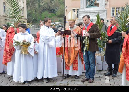 Le Cardinal Philippe Barbarin préside la célébration du Dimanche des Rameaux à la Cathédrale St-Jean le 20 mars 2016, à Lyon, Frankreich. Foto Julien Reynaud/APS-Medias/ABACAPRESS.COM Stockfoto