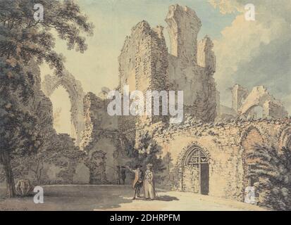 Die Ruinen von Leiston Abbey, Thomas Hearne, 1744–1817, Britisch, 1781, Aquarell, Feder und schwarze Tinte, Gouache und Graphit auf Medium, leicht strukturiert, cremefarbenes Papier, Zeitgenössische gezeichnete Bordüre: 3/4 x 12 3/8 cm (9 24.8 x 31.4 Zoll) und Blatt: 7 1/4 x 9 7/8 Zoll (18.4 x 25.1 cm), Abtei, Bögen, architektonisches Thema, Hühner, Kirche, erkunden, Feld, Genre Thema, Gestik, Männer, Kloster, Ruinen, Schatten, Tourismus, Touristen, Türme, Bäume, Reben, Frauen, England, Europa, Leiston, Leiston Abbey, Suffolk, Vereinigtes Königreich Stockfoto