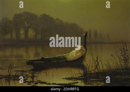 The Lady of Shalott', John Atkinson Grimshaw, 1836–1893, britisch, ca. 1875, Öl auf Leinwand, Unterstützung (PTG): 24 x 36 Zoll (61 x 91.4 cm), Boot, tot, Tod, Landschaft, Legende, literarisches Thema, Gedicht, Schilf, religiöse und mythologische Thema, Fluss, romantisch, Bäume, viktorianischen, Seerosen, Frau Stockfoto