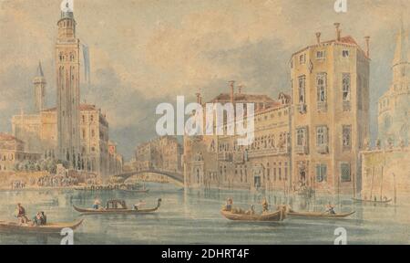 Venetian Fantasy, John Henderson, 1764–1843, Brite, Nachfolger von Canaletto, 1697–1768, Venetian, in Großbritannien tätig (1746–55), undatiert, Aquarell und Graphit auf mäßig dickem, mäßig strukturiertem, beigefarbenem Papier, Blatt: 12 3/8 × 20 9/16 Zoll (31.4 × 52.2 cm), architektonisches Motiv, Architektur, Brücke (gebaut), Gebäude, Kanal, Stadtbild, Fantasie, Gondeln, Grand Tour, Turm (Gebäudeteilung), Villen, Europa, Italien, Venedig Stockfoto