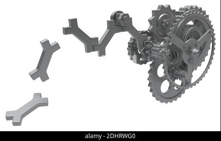 Getriebe Fallende Knochen Metall 3d-Illustration, isoliert, über weiß, horizontal Stockfoto