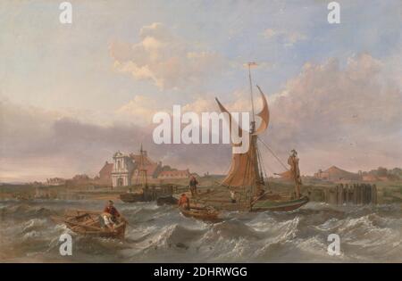 Tilbury Fort--Wind Against the Tide, Clarkson Stanfield, 1793–1867, British, 1853, Öl auf Leinwand, Stütze (PTG): 24 x 36 1/4 Zoll (61 x 92.1 cm), Barge, Boote, Gebäude, Dock, Fischer, Tor, Landschaft, Meereskunst, Netze, Fluss, Flussufer, Ruderboote, Segelboote, Segeln, Seeleute, Stadt, Wasser, Wellen (Naturereignisse), England, Essex, Europa, Themse, Tilbury, Vereinigtes Königreich Stockfoto