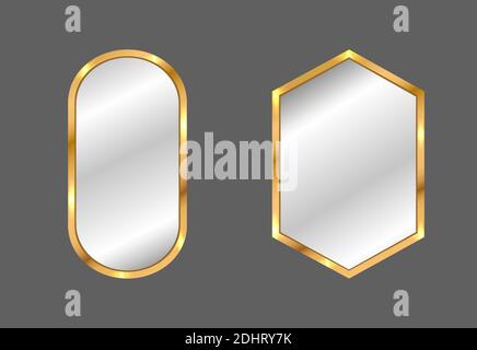 Moderne Spiegel. Ovale und quadratische Spiegel mit goldenem Rahmen. Inneneinrichtung. Stock Vektor