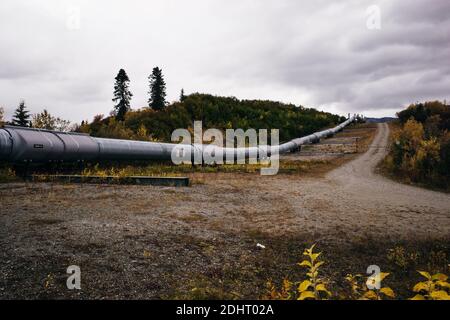 Draufsicht auf die Trans-Alaska-Ölpipeline, wobei die Muster im Metall hervorgehoben werden. Stockfoto