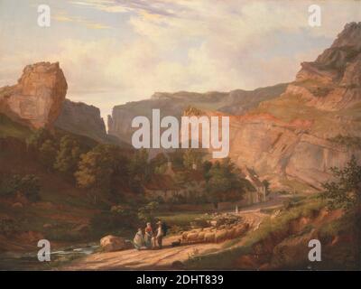 A View of Cheddar Gorge, George Vincent, 1796–1832, britisch, ca. 1820, Öl auf Leinwand, Unterstützung (PTG): 36 x 48 Zoll (91.4 x 121.9 cm), Schürzen (Hauptbekleidung), Felsbrocken, Gebäude, Höhlen, Kinder, Kamine (architektonische Elemente), Klippen, Paar, Hunde (Tiere), Wohnungen, Familie, Geologie, Schlucht (Landform), Hut, Häuser, Landschaft, Kalkstein, Vieh, Männer, Mutter, Berge, Pfad, Fluss, Flussufer, Straße, ländliche Gegend, Schafe, Schäfer, Himmel, Bäume, Tal (Landform), Aussicht, Wandern, Wand, Wasser, Fenster, Frauen, Cheddar, Cheddar Gorge, England, Europa, Somerset, Vereinigtes Königreich, Yeo Stockfoto