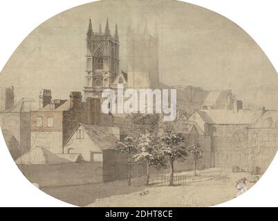 Westminster Abbey from Dean's Yard, Alexander Nasmyth, 1758–1840, britisch, undatiert, Aquarell und Graphit mit Stift und schwarzer Tinte auf Medium, leicht strukturiert, gebläutes weißes Papier, Blatt: 6 11/16 × 8 15/16 inches (17 × 22.7 cm), Gebäude, Kamine, Kirche, Kirchtürme, Stadtbild, Gotik ...: GB, Gotische Kirchen, Gotische Wiedergeburt, Dächer, Türme, Hof, City of Westminster, England, Europa, Groß-London, London, Großbritannien, Westminster Abbey Stockfoto