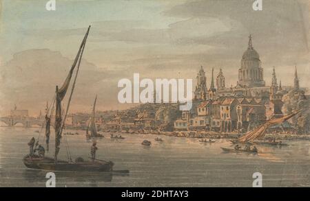 The City and St. Paul's from the South Bank, William Marlow, 1740–1813, britisch, undatiert, Aquarell und Graphit mit Feder und brauner Tinte auf mittelschwerem, leicht strukturiertem, cremefarbenem Wove-Papier, montiert auf mitteldickem, leicht strukturiertem, cremefarbenem Wove-Papier, Blatt: 4 5/8 × 7 1/2 Zoll (11.7 × 19.1 cm) und Halterung: 4 7/8 × 7 7/8 Zoll (12.4 × 20 cm), Schiffe (Wasserfahrzeuge mit flachem Boden), Boote, Brücke (Bauarbeiten), Gebäude, Kathedrale, Kirchen, Stadt, Stadtbild, Kuppel, Häuser, Meereskunst, Masten, Menschen, Fluss, Flussufer, Dächer, Ruderboote, Skylines, Schlingen (Segelschiffe), Wasser, City of London, England